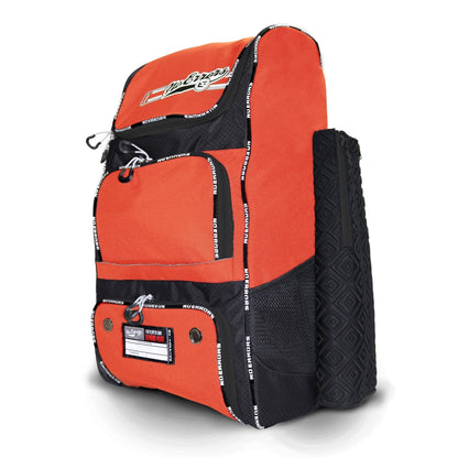 Orange Softball gear bag with fence hook, vented compartments, and secure storage for valuables